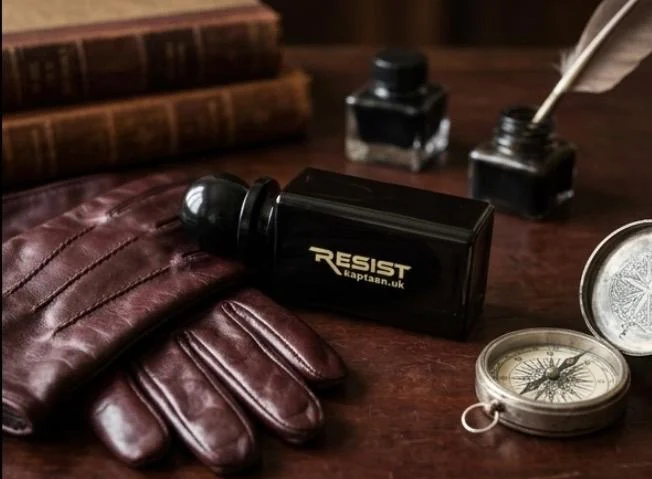 Resist bottle with leather gloves, books and compass
